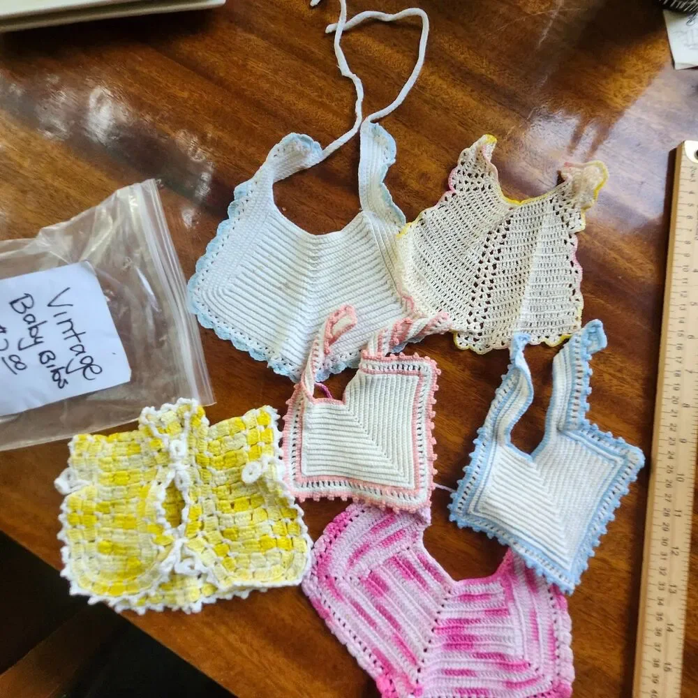 Vintage Handmade Crocheted Baby Bibs Lot of 6 Pastel Pink Blue Yellow White